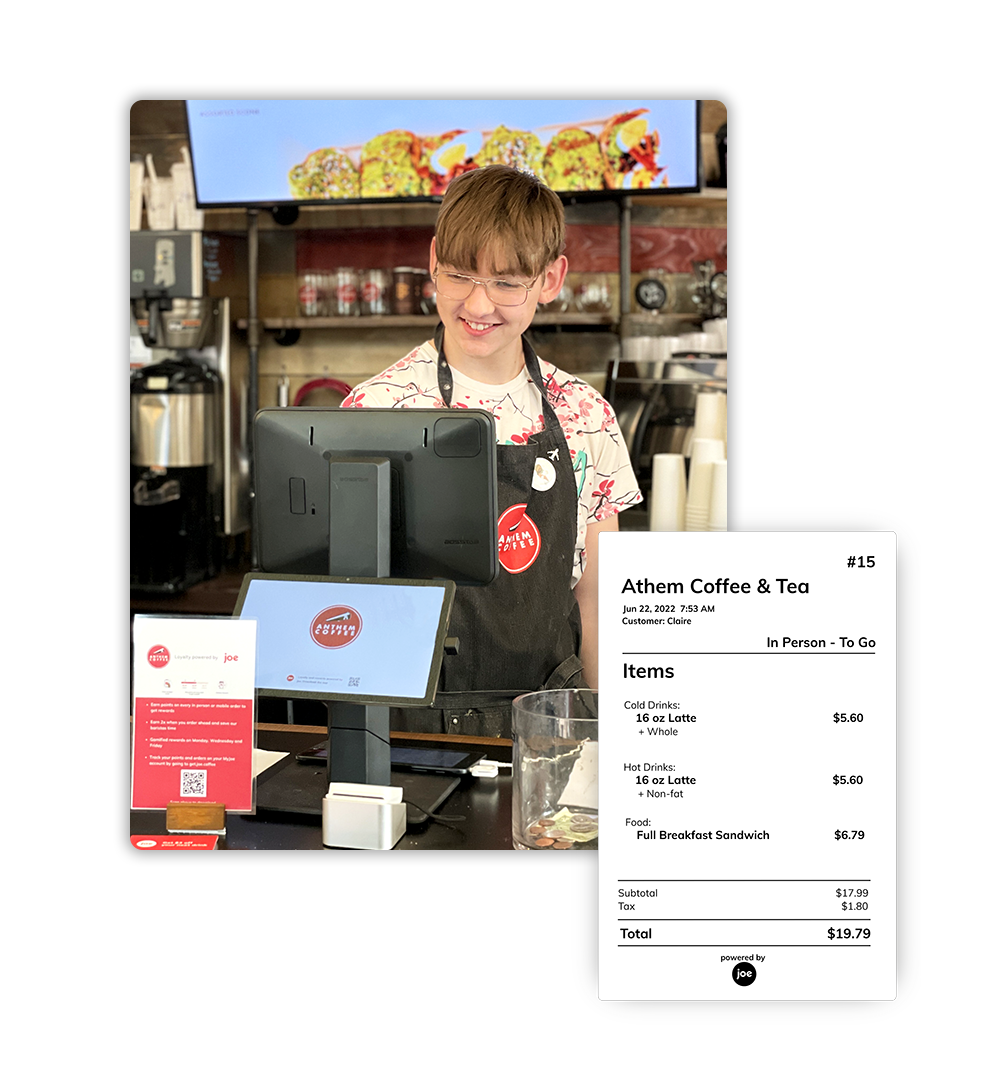 point of sale barista inputing coffee order with a graphic of a printed ticket